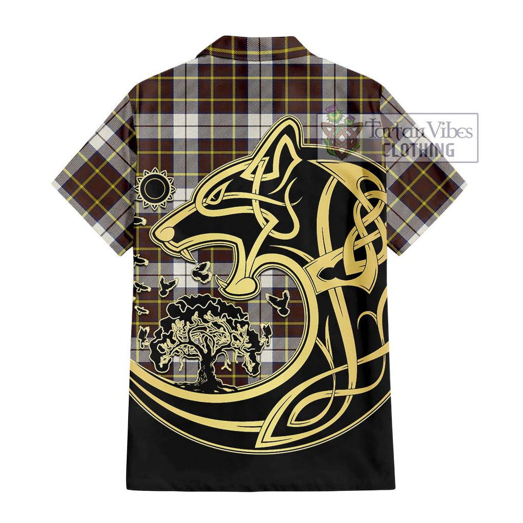 Burns Battalion Weathered Tartan Short Sleeve Button Shirt with Family Crest Celtic Wolf Style - Tartan Vibes Clothing