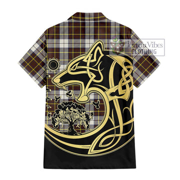 Burns Battalion Weathered Tartan Short Sleeve Button Shirt with Family Crest Celtic Wolf Style