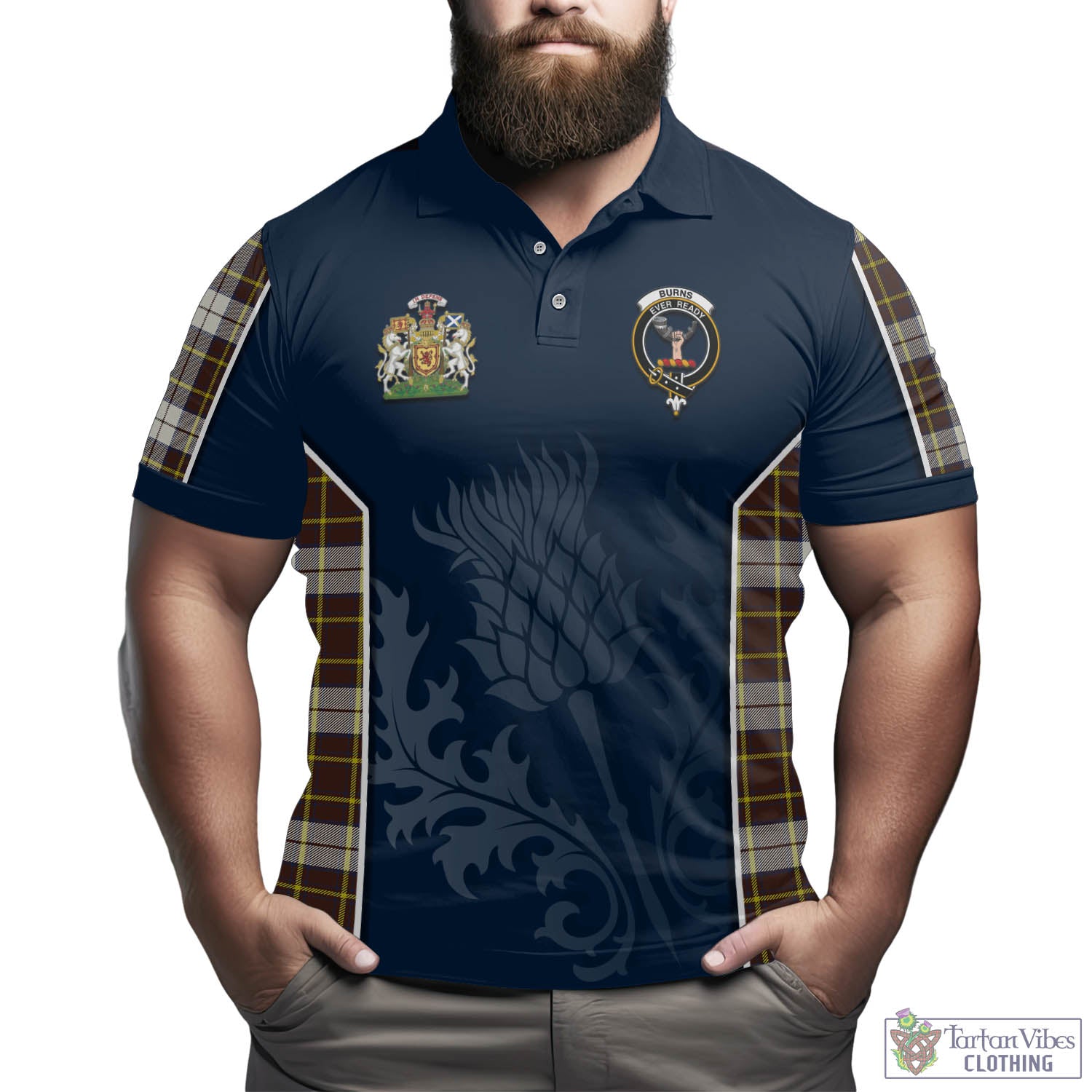 Burns Battalion Weathered Tartan Men's Polo Shirt with Family Crest and Scottish Thistle Vibes Sport Style - Tartan Vibes Clothing