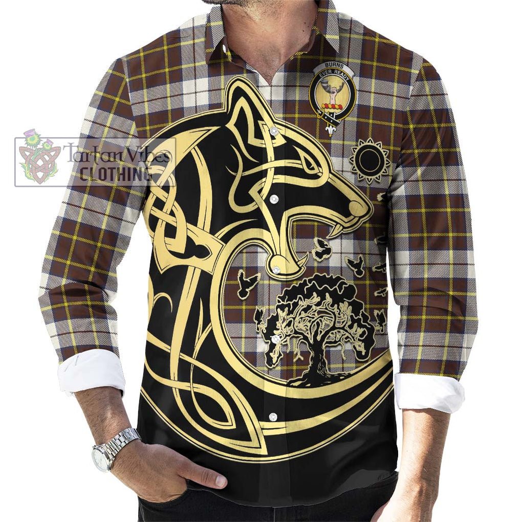 Burns Battalion Weathered Tartan Long Sleeve Button Shirt with Family Crest Celtic Wolf Style - Tartan Vibes Clothing