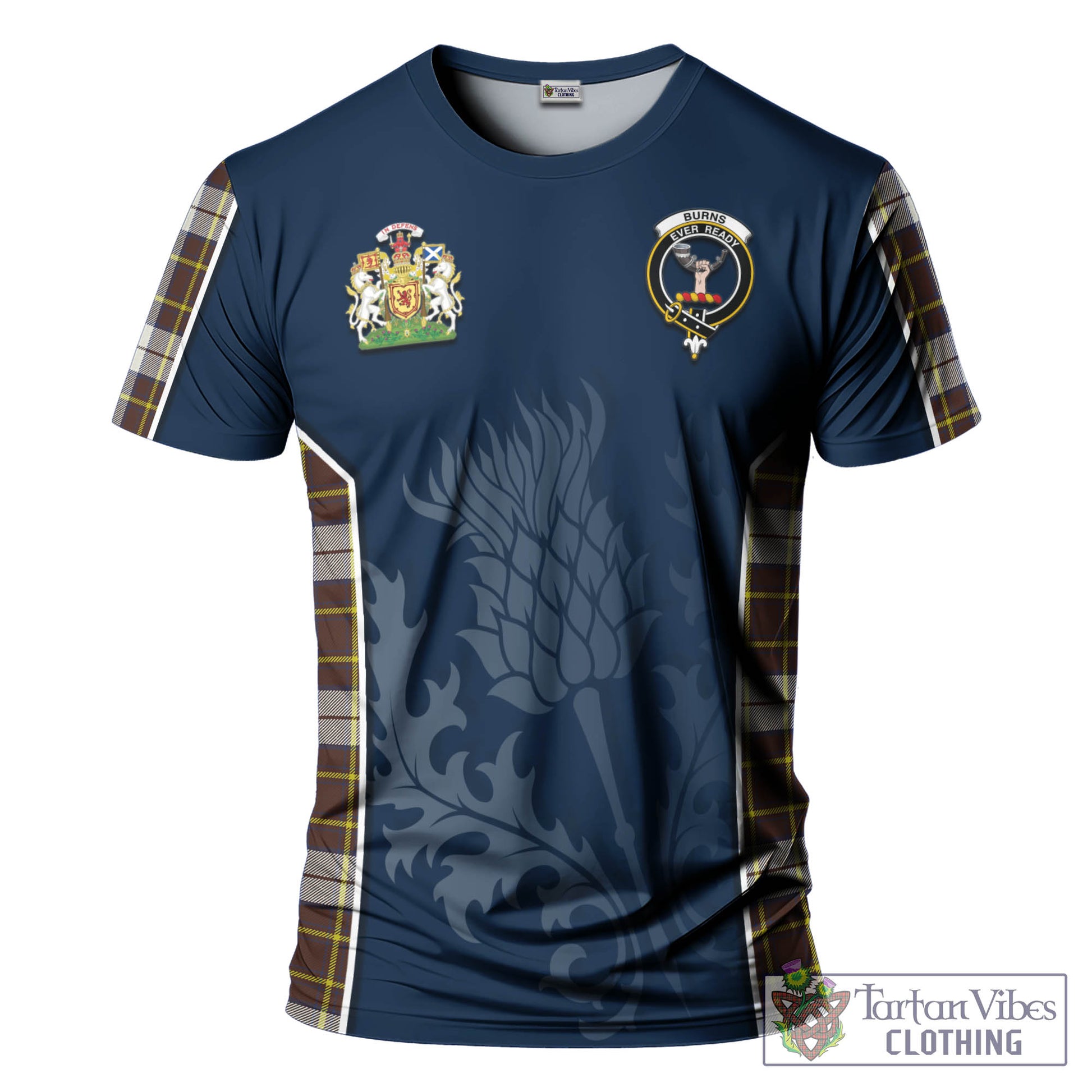 Tartan Vibes Clothing Burns Battalion Weathered Tartan T-Shirt with Family Crest and Scottish Thistle Vibes Sport Style