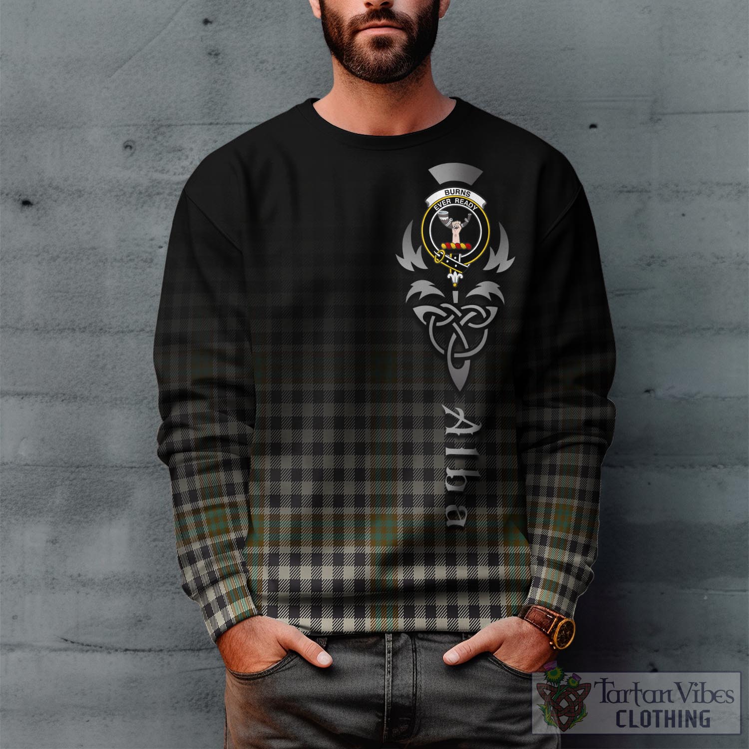 Tartan Vibes Clothing Burns Check Tartan Sweatshirt Featuring Alba Gu Brath Family Crest Celtic Inspired