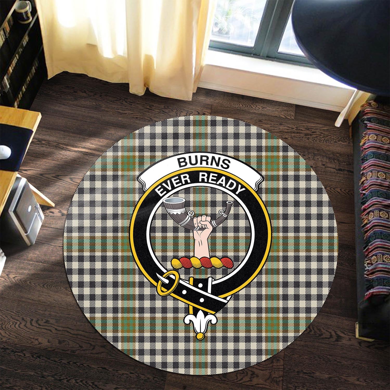 Burns Check Tartan Round Rug with Family Crest - Tartanvibesclothing