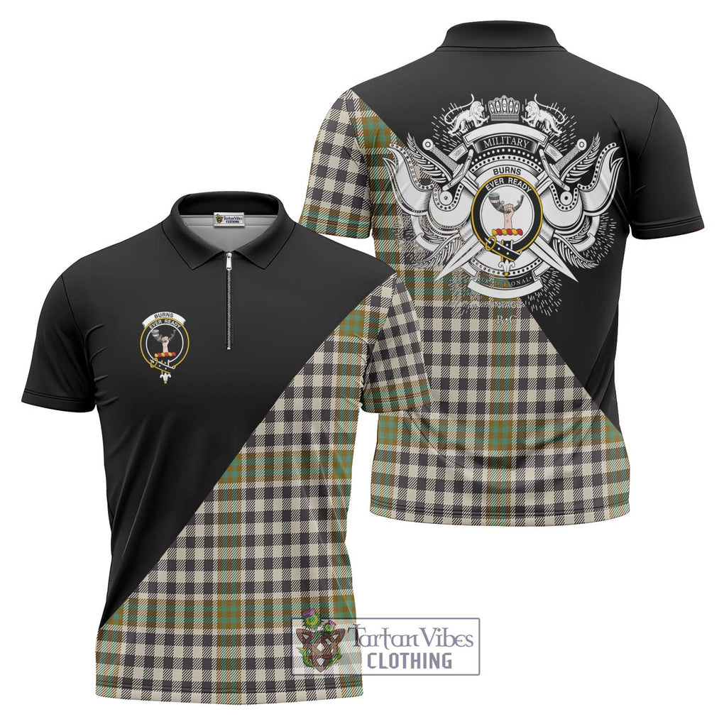 Burns Check Tartan Zipper Polo Shirt with Family Crest and Military Logo Style Unisex - Tartanvibesclothing Shop