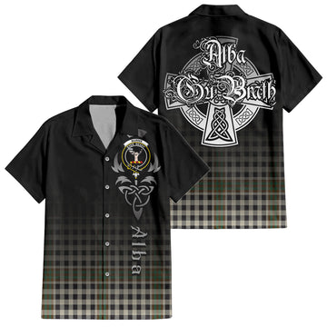 Burns Check Tartan Short Sleeve Button Up Shirt Featuring Alba Gu Brath Family Crest Celtic Inspired