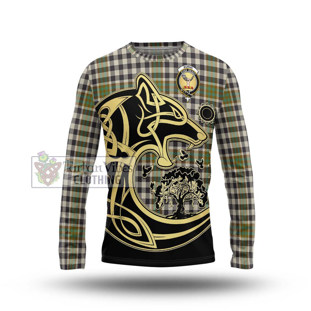 Burns Check Tartan Long Sleeve T-Shirt with Family Crest Celtic Wolf Style Unisex - Tartan Vibes Clothing