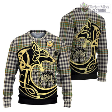 Burns Check Tartan Knitted Sweater with Family Crest Celtic Wolf Style