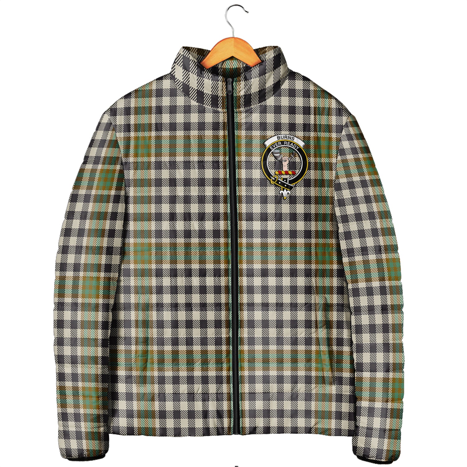 Burns Check Tartan Padded Jacket with Family Crest Men's Padded Jacket - Tartan Vibes Clothing