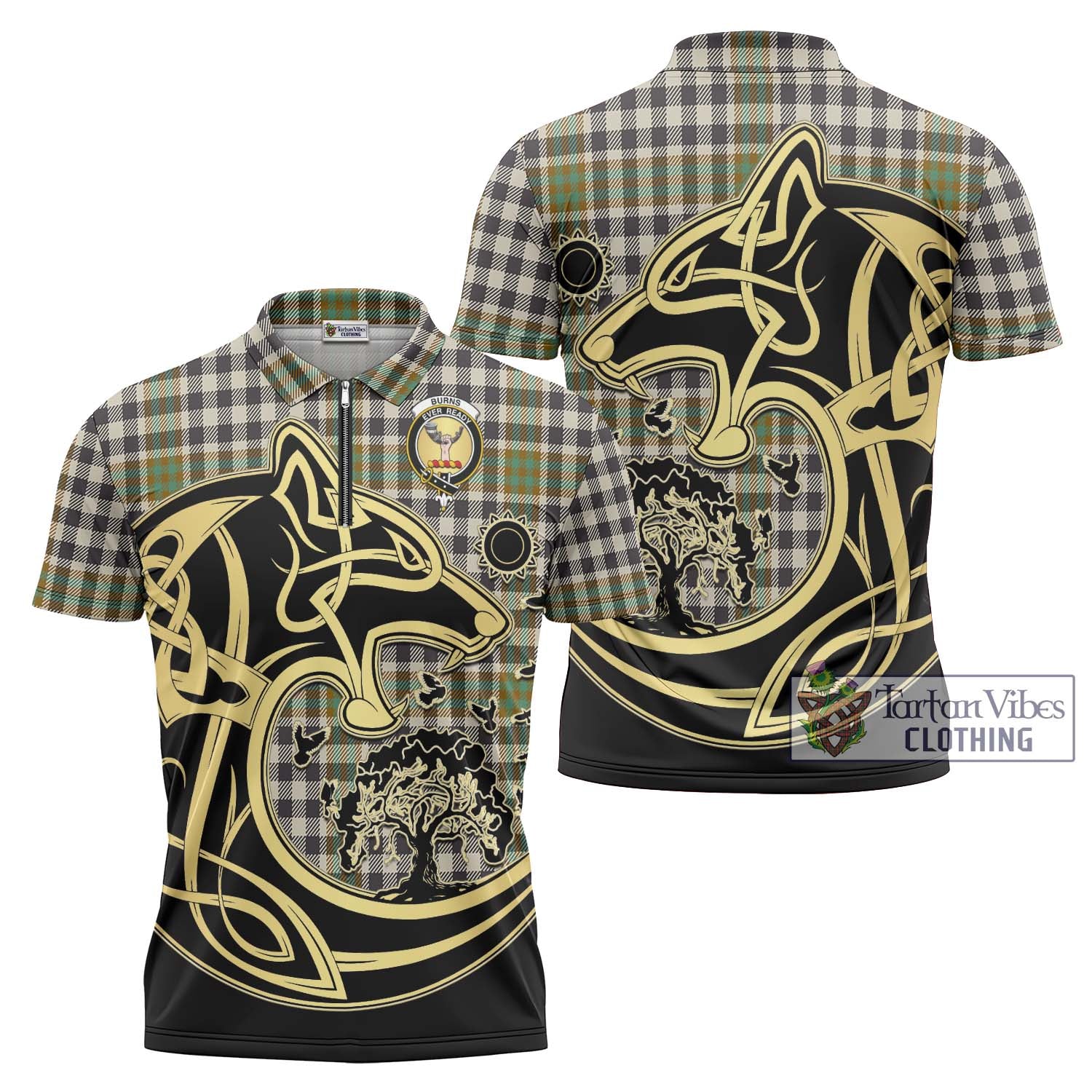 Tartan Vibes Clothing Burns Check Tartan Zipper Polo Shirt with Family Crest Celtic Wolf Style