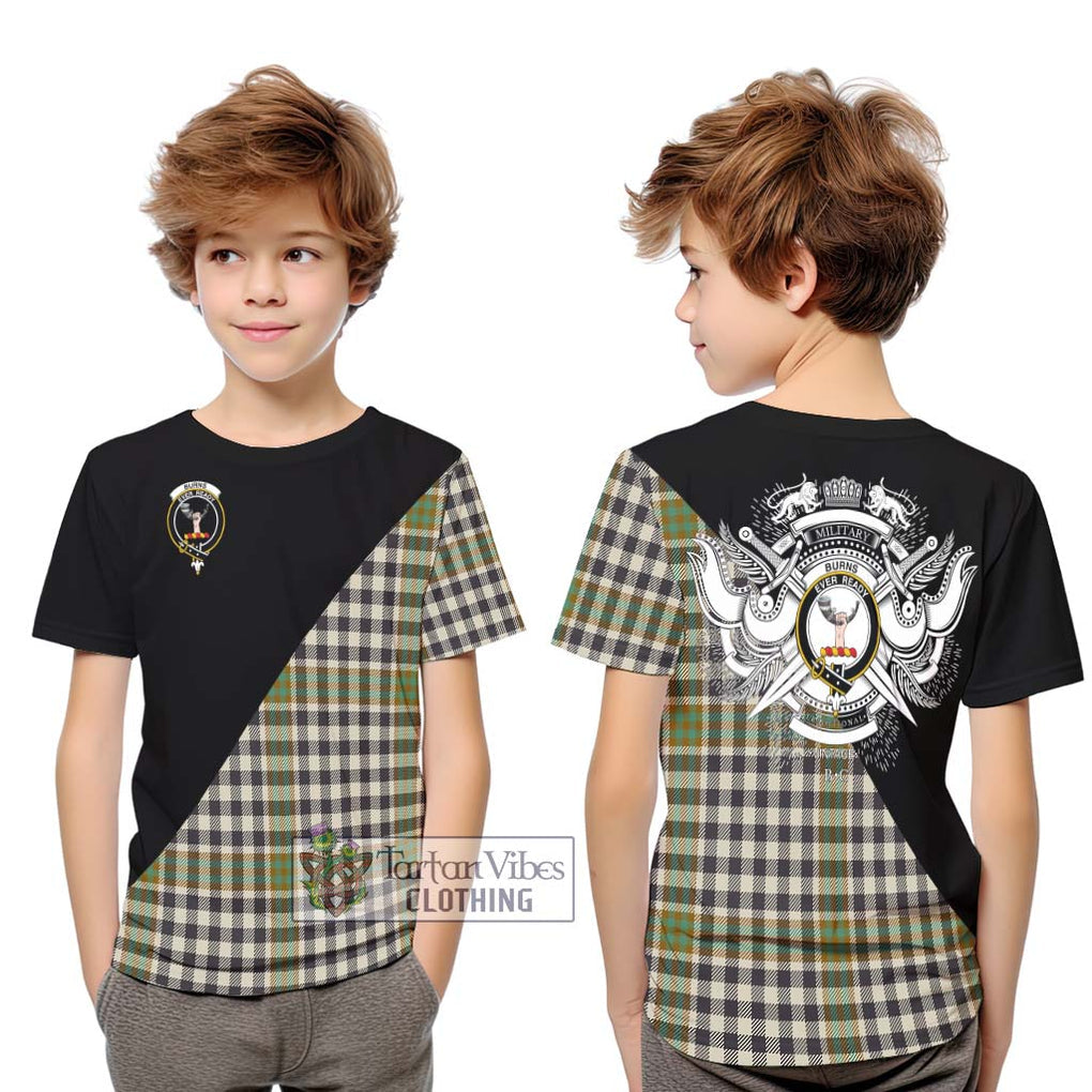 Burns Check Tartan Kid T-Shirt with Family Crest and Military Logo Style Youth XL Size14 - Tartanvibesclothing Shop