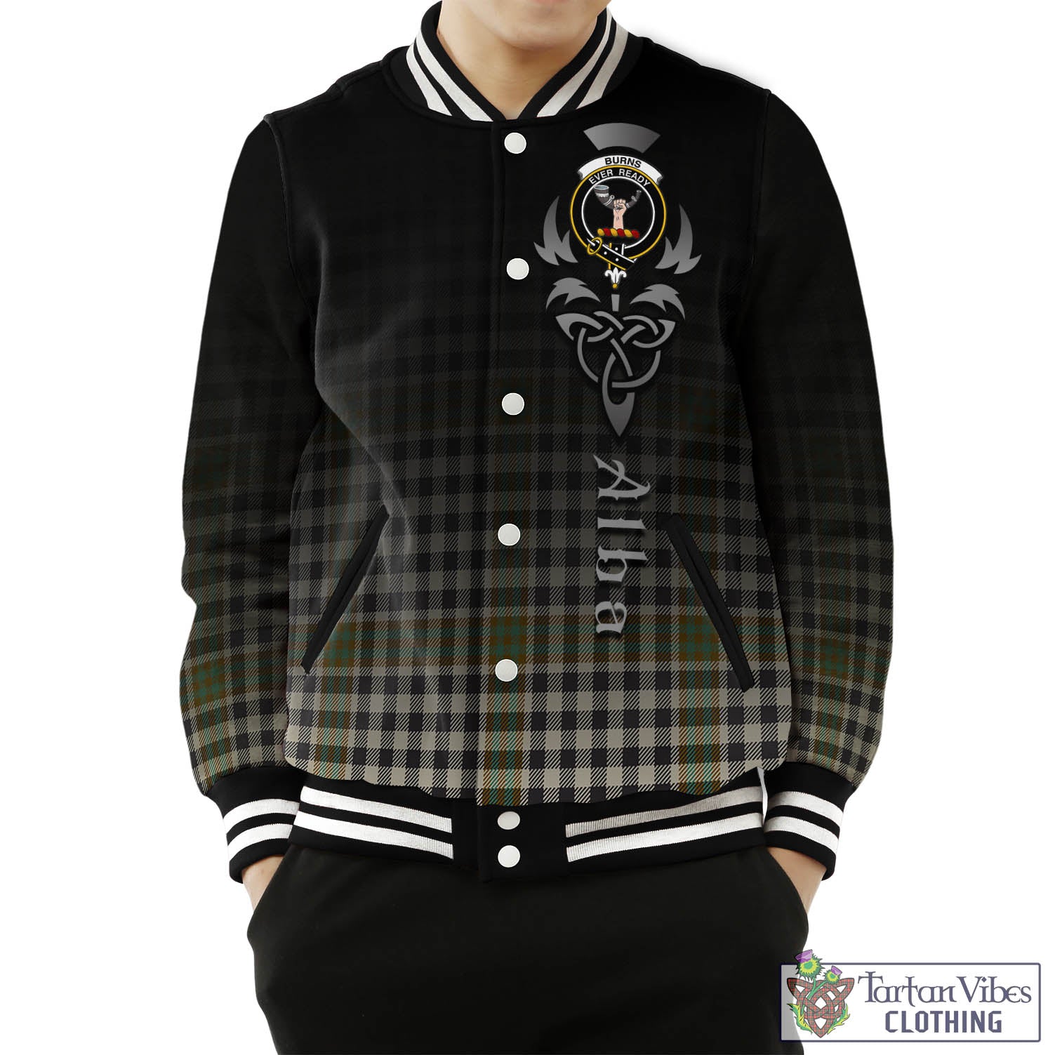 Tartan Vibes Clothing Burns Check Tartan Baseball Jacket Featuring Alba Gu Brath Family Crest Celtic Inspired