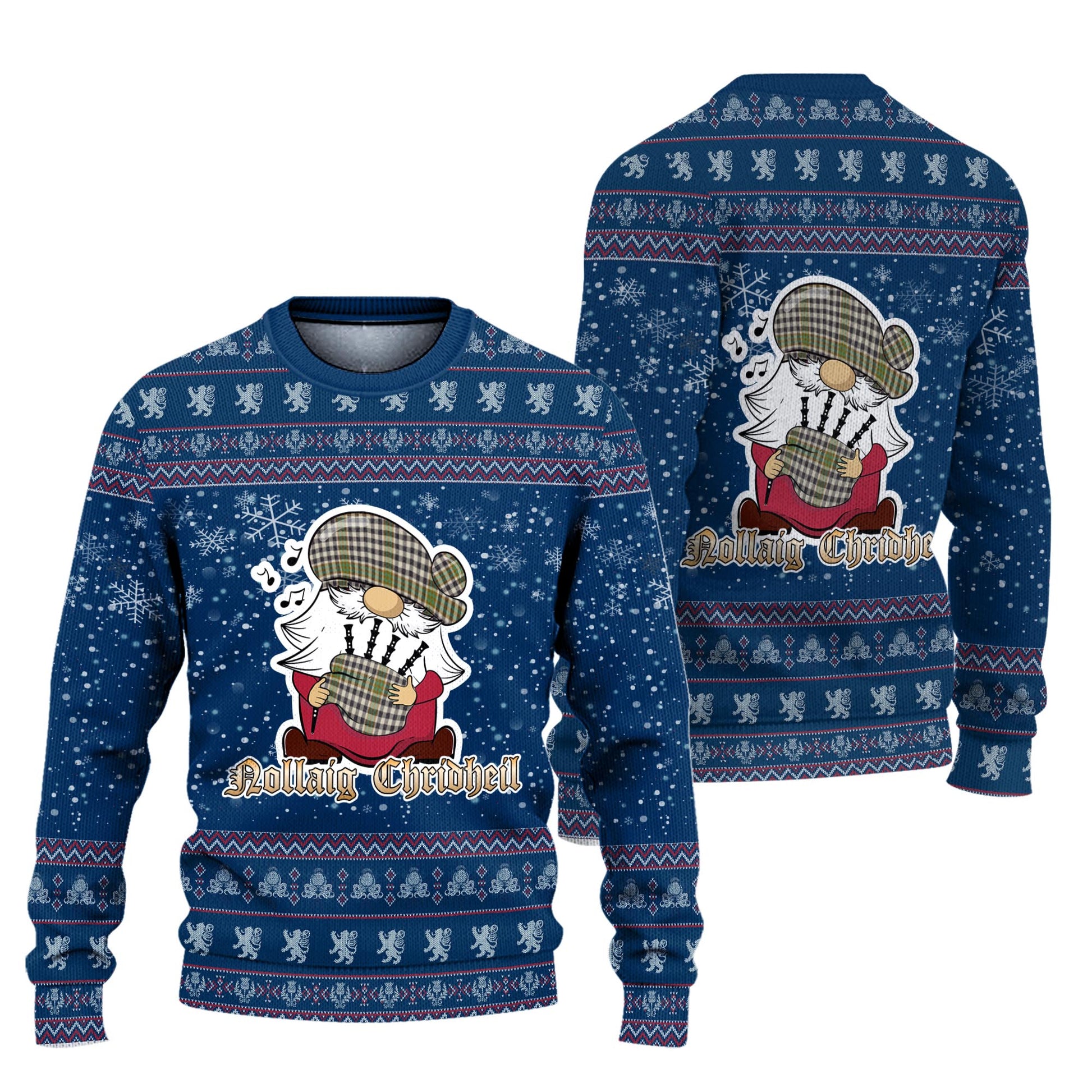Burns Check Clan Christmas Family Knitted Sweater with Funny Gnome Playing Bagpipes Unisex Blue - Tartanvibesclothing