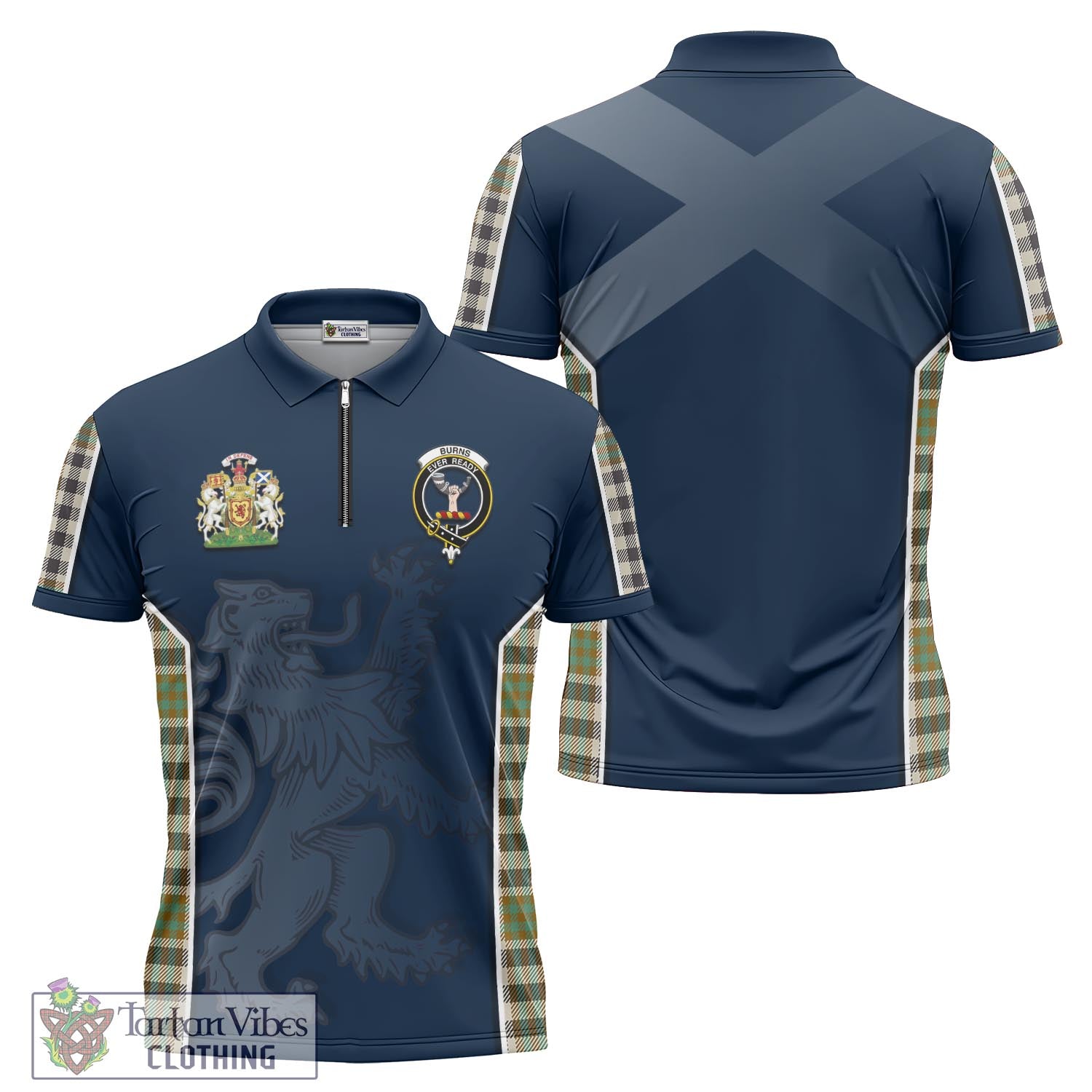 Tartan Vibes Clothing Burns Check Tartan Zipper Polo Shirt with Family Crest and Lion Rampant Vibes Sport Style