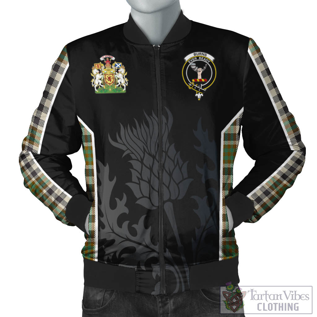 Tartan Vibes Clothing Burns Check Tartan Bomber Jacket with Family Crest and Scottish Thistle Vibes Sport Style