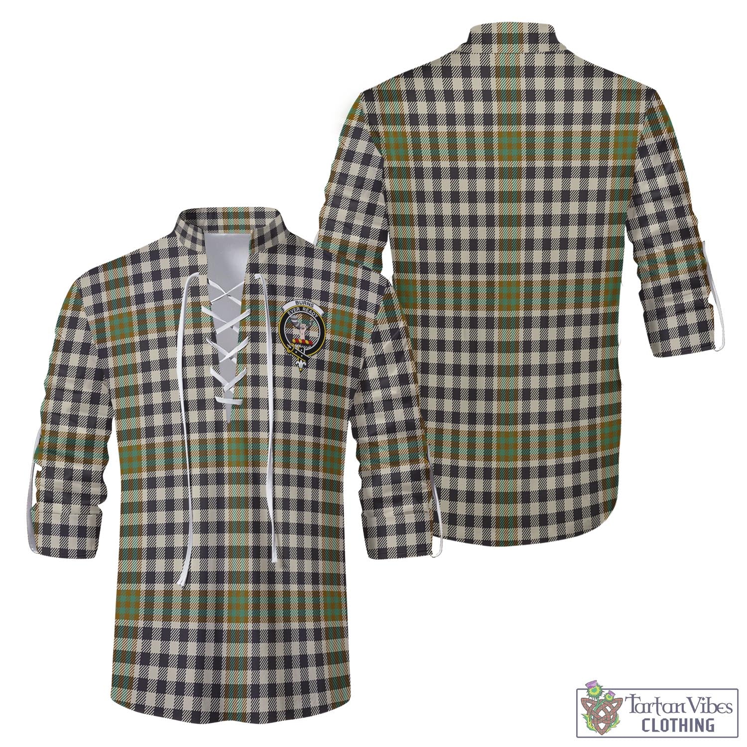 Tartan Vibes Clothing Burns Check Tartan Men's Scottish Traditional Jacobite Ghillie Kilt Shirt with Family Crest