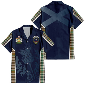 Burns Check Tartan Short Sleeve Button Up Shirt with Family Crest and Scottish Thistle Vibes Sport Style