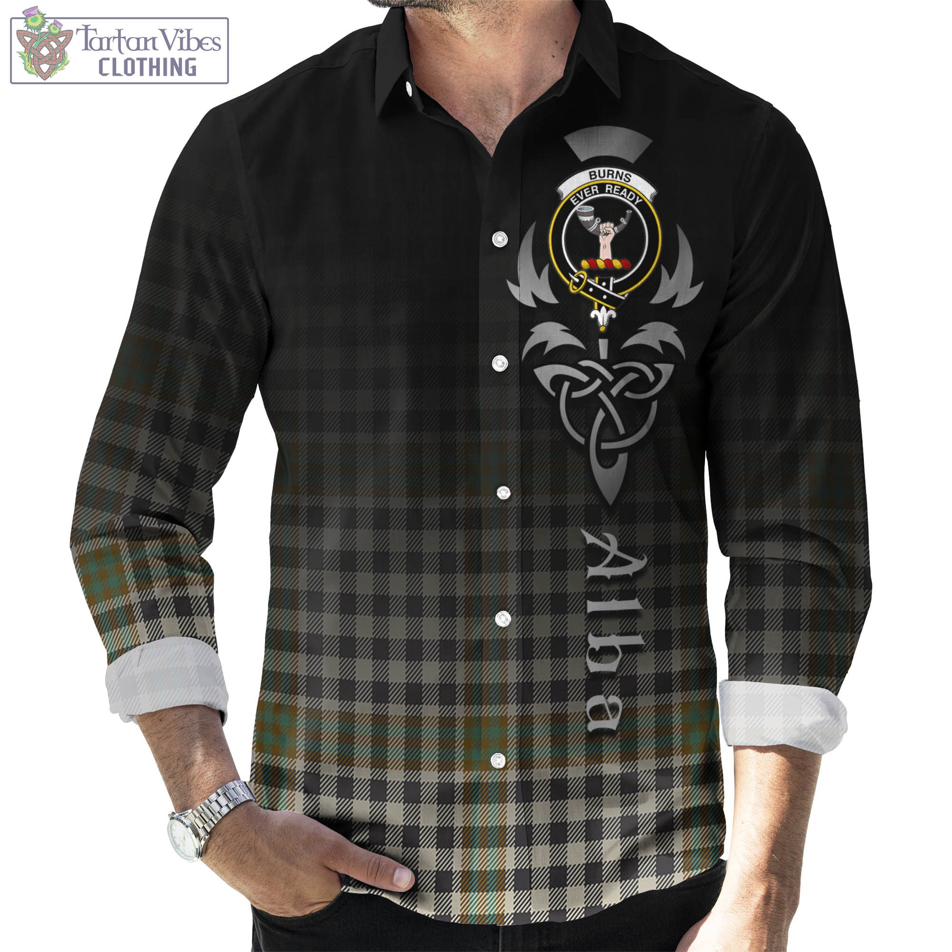 Tartan Vibes Clothing Burns Check Tartan Long Sleeve Button Up Featuring Alba Gu Brath Family Crest Celtic Inspired