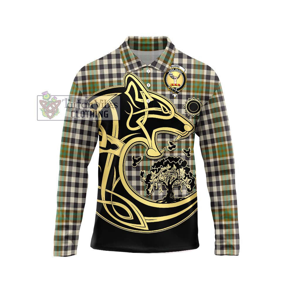 Tartan Vibes Clothing Burns Check Tartan Long Sleeve Polo Shirt with Family Crest Celtic Wolf Style