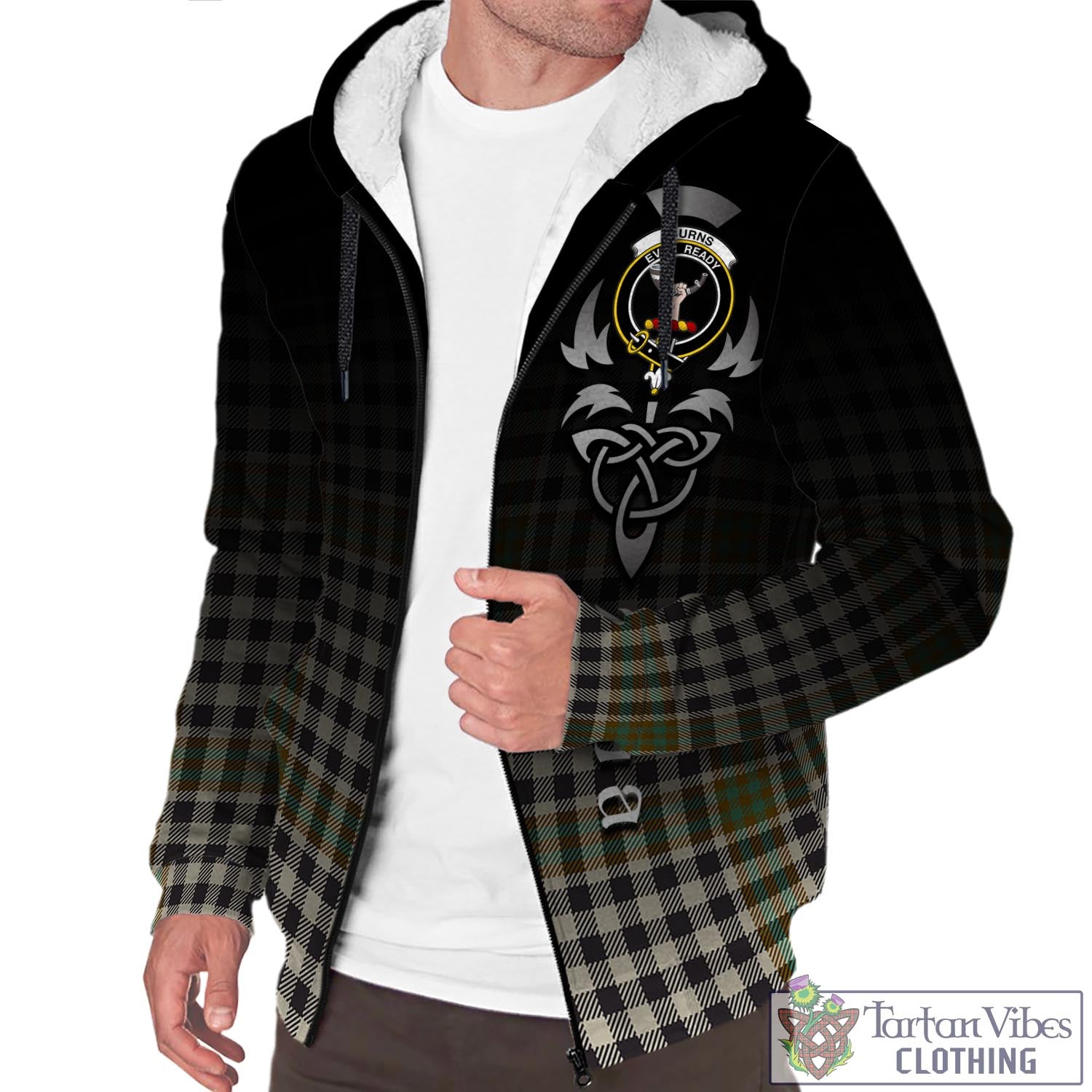 Tartan Vibes Clothing Burns Check Tartan Sherpa Hoodie Featuring Alba Gu Brath Family Crest Celtic Inspired