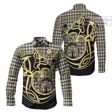 Burns Check Tartan Long Sleeve Button Shirt with Family Crest Celtic Wolf Style