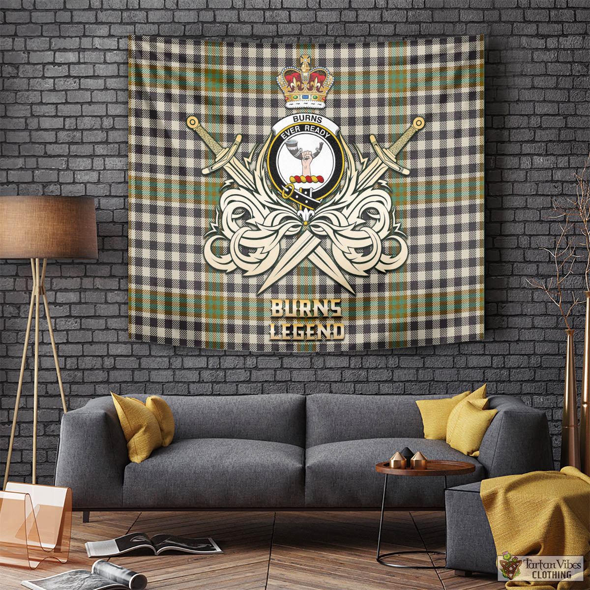 Tartan Vibes Clothing Burns Check Tartan Tapestry with Clan Crest and the Golden Sword of Courageous Legacy