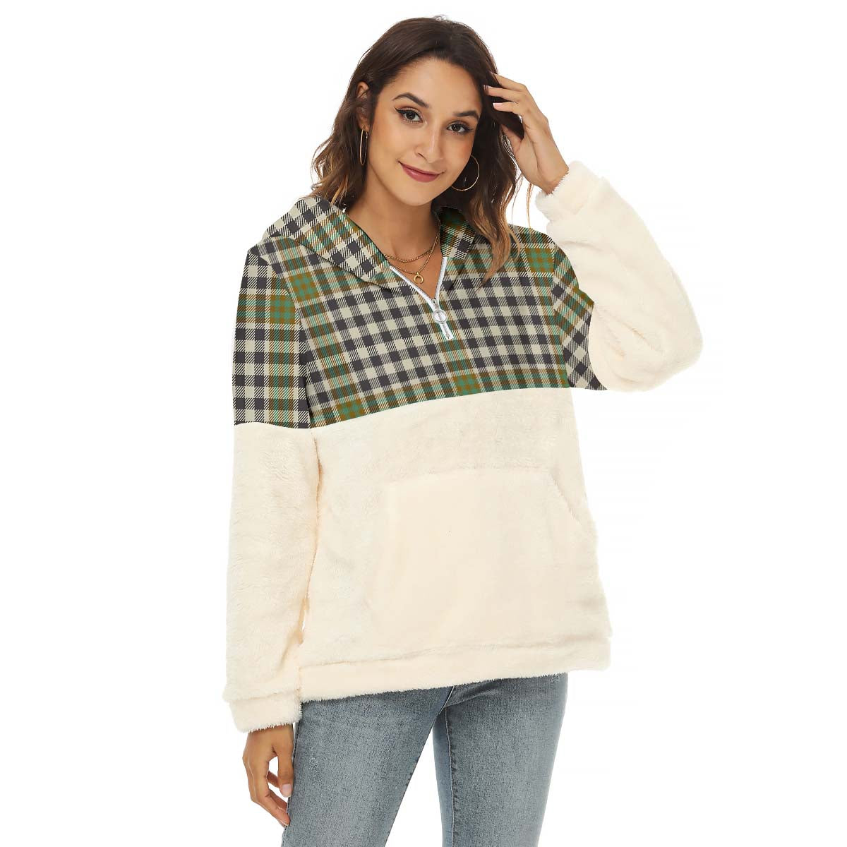 Burns Check Tartan Women's Borg Fleece Hoodie With Half Zip Female - Tartan Vibes Clothing