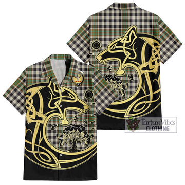 Burns Check Tartan Short Sleeve Button Shirt with Family Crest Celtic Wolf Style