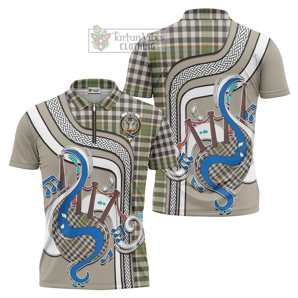 Burns Check Tartan Zipper Polo Shirt with Epic Bagpipe Style Unisex - Tartanvibesclothing Shop