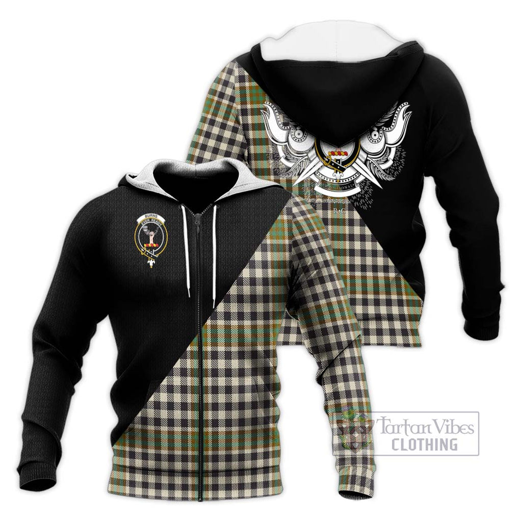 Burns Check Tartan Knitted Hoodie with Family Crest and Military Logo Style Unisex Knitted Zip Hoodie - Tartanvibesclothing Shop