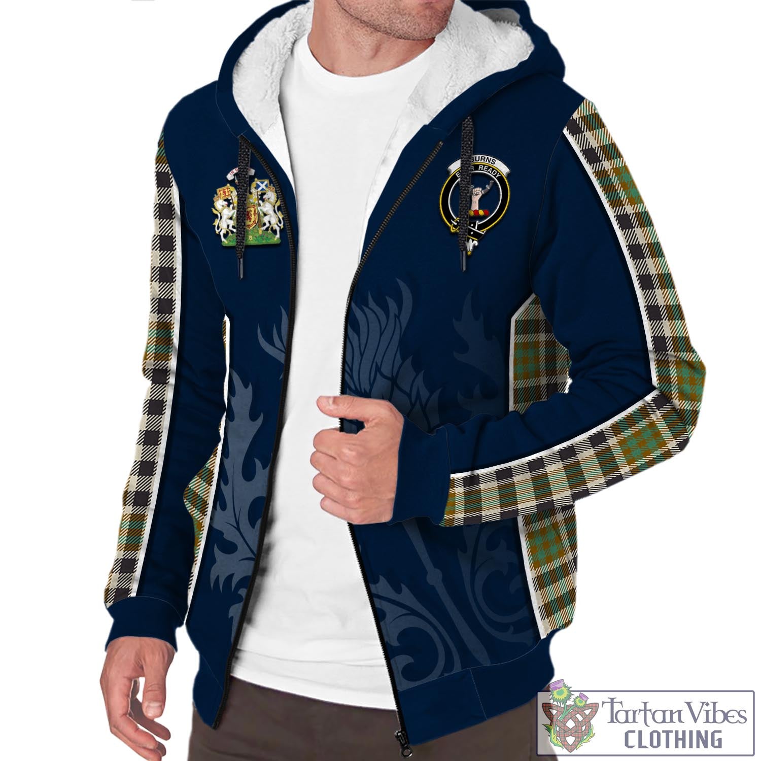 Tartan Vibes Clothing Burns Check Tartan Sherpa Hoodie with Family Crest and Scottish Thistle Vibes Sport Style