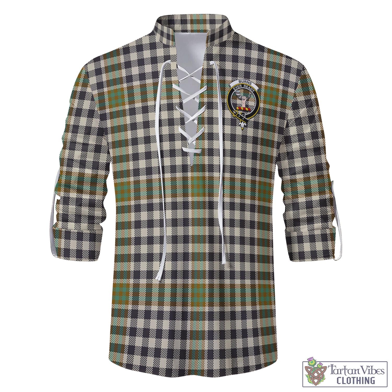 Tartan Vibes Clothing Burns Check Tartan Men's Scottish Traditional Jacobite Ghillie Kilt Shirt with Family Crest