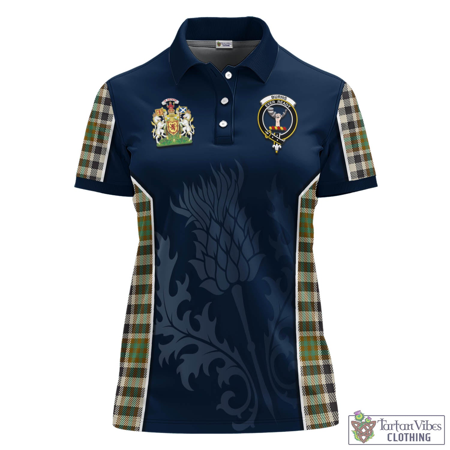 Tartan Vibes Clothing Burns Check Tartan Women's Polo Shirt with Family Crest and Scottish Thistle Vibes Sport Style