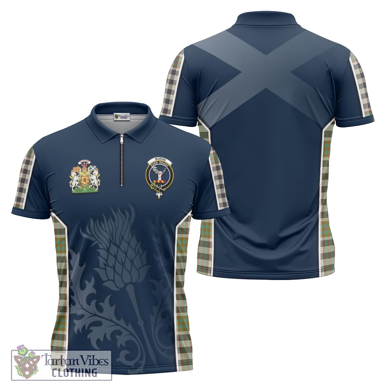 Tartan Vibes Clothing Burns Check Tartan Zipper Polo Shirt with Family Crest and Scottish Thistle Vibes Sport Style