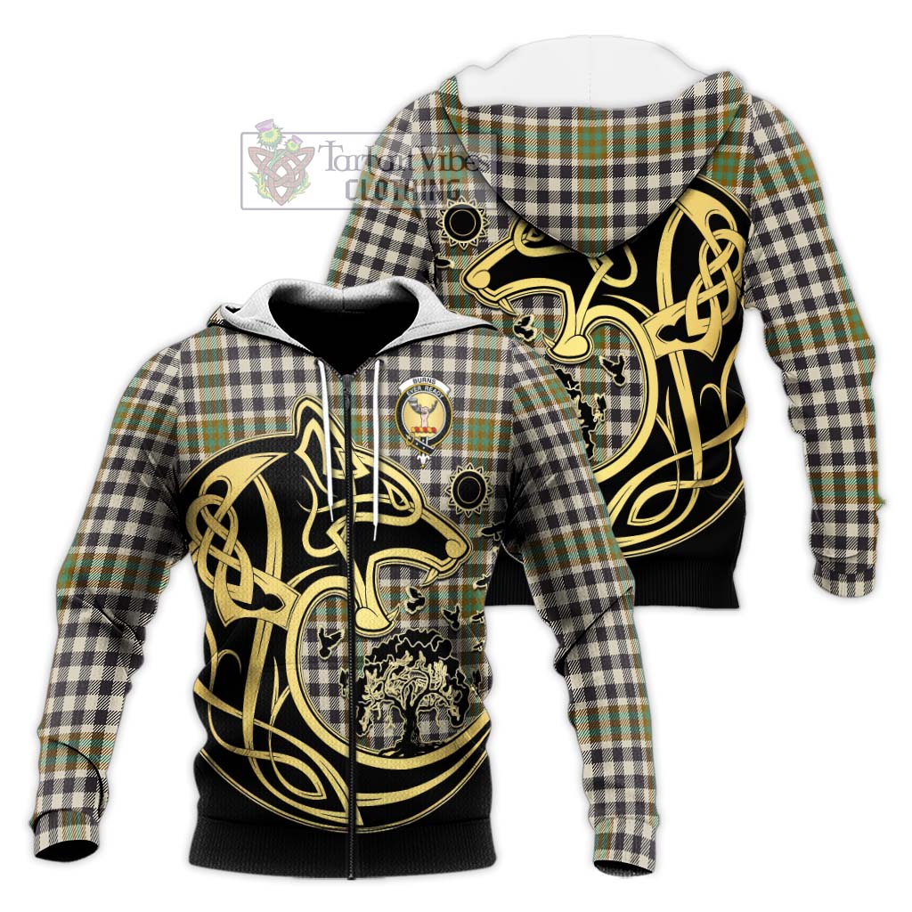 Tartan Vibes Clothing Burns Check Tartan Knitted Hoodie with Family Crest Celtic Wolf Style