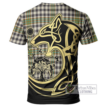 Burns Check Tartan T-Shirt with Family Crest Celtic Wolf Style