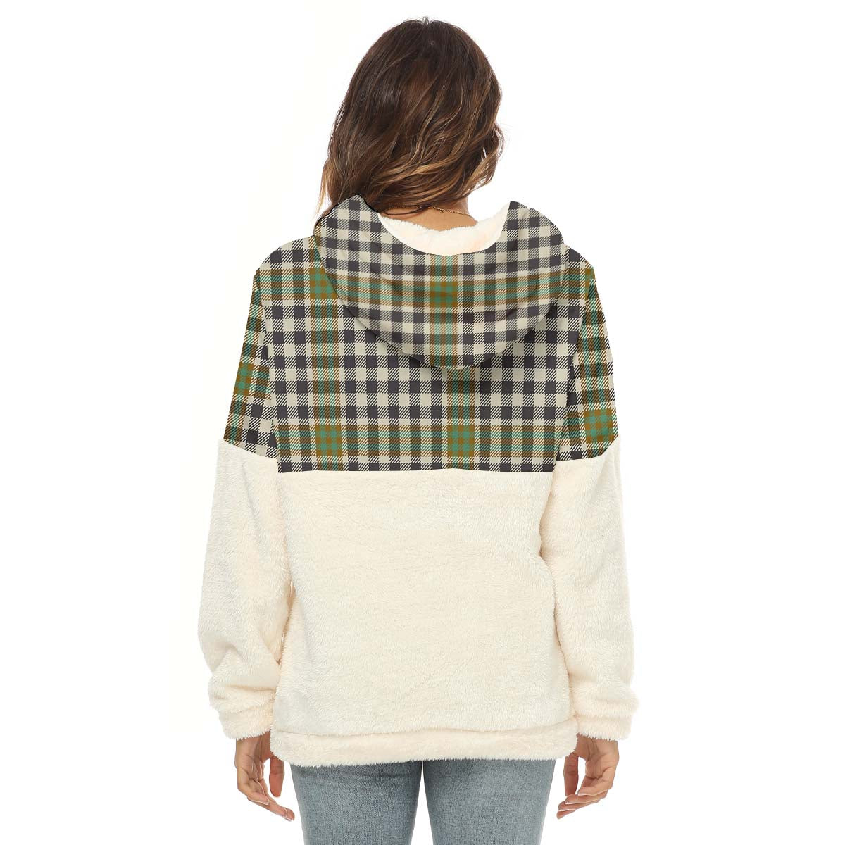 Burns Check Tartan Women's Borg Fleece Hoodie With Half Zip - Tartan Vibes Clothing