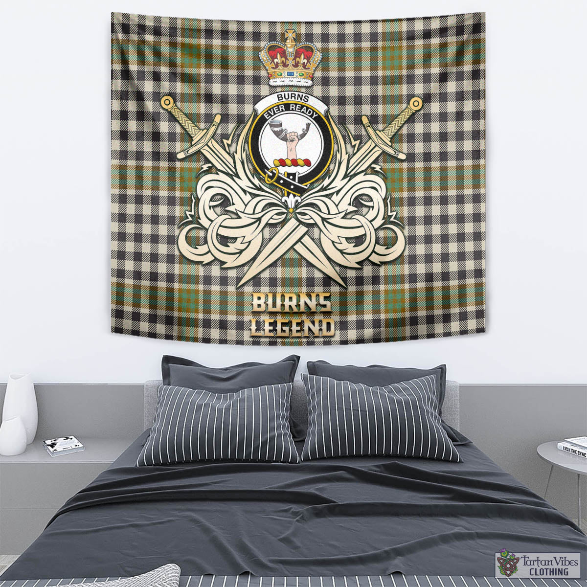 Tartan Vibes Clothing Burns Check Tartan Tapestry with Clan Crest and the Golden Sword of Courageous Legacy