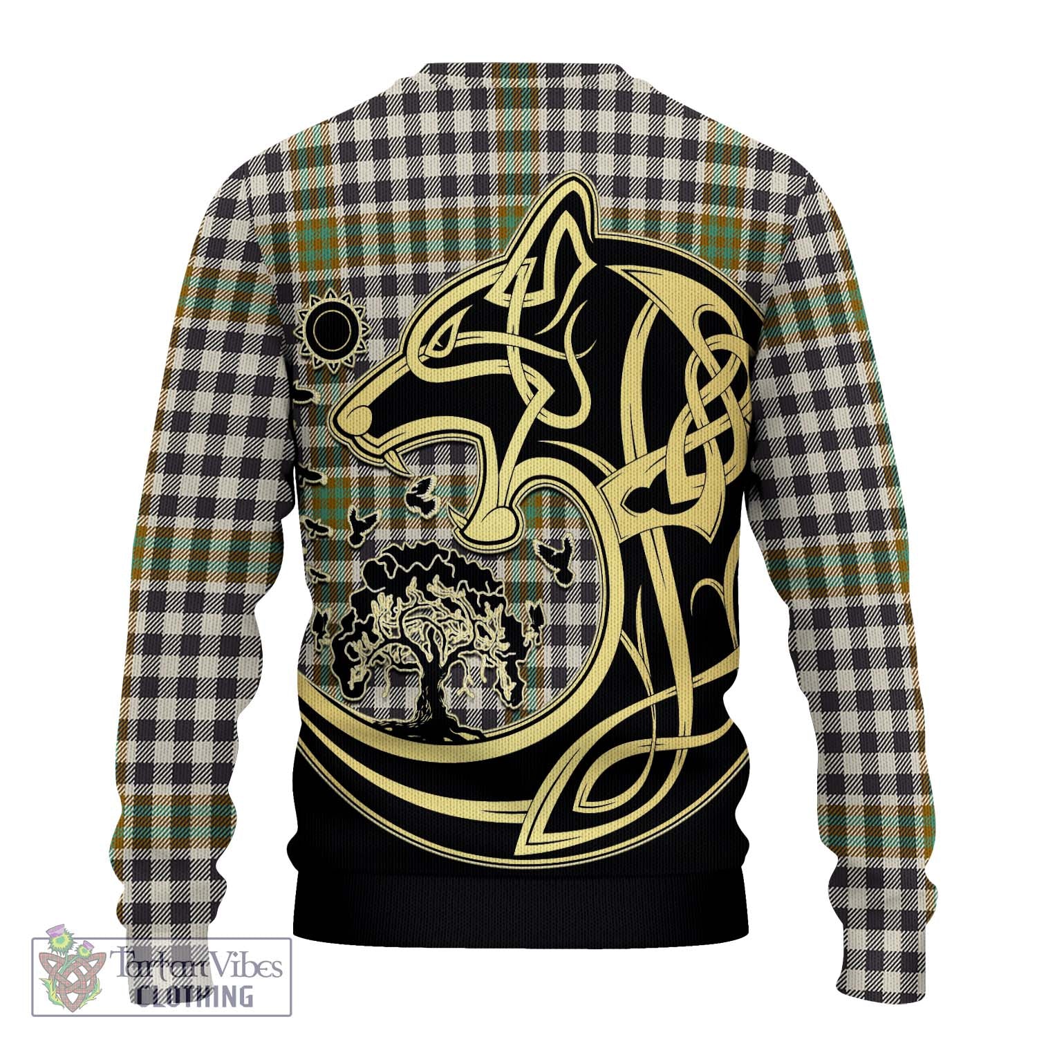 Tartan Vibes Clothing Burns Check Tartan Knitted Sweater with Family Crest Celtic Wolf Style