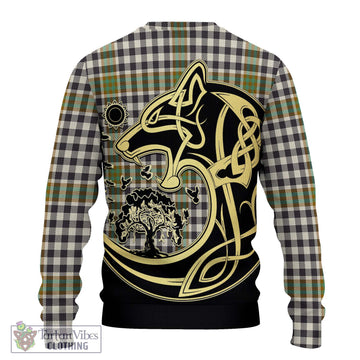 Burns Check Tartan Knitted Sweater with Family Crest Celtic Wolf Style