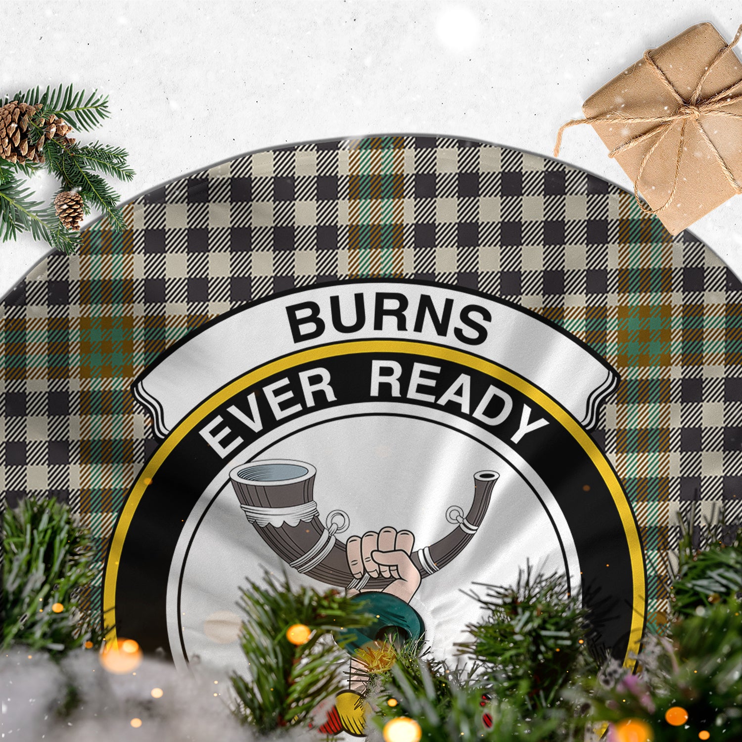Burns Check Tartan Christmas Tree Skirt with Family Crest - Tartanvibesclothing
