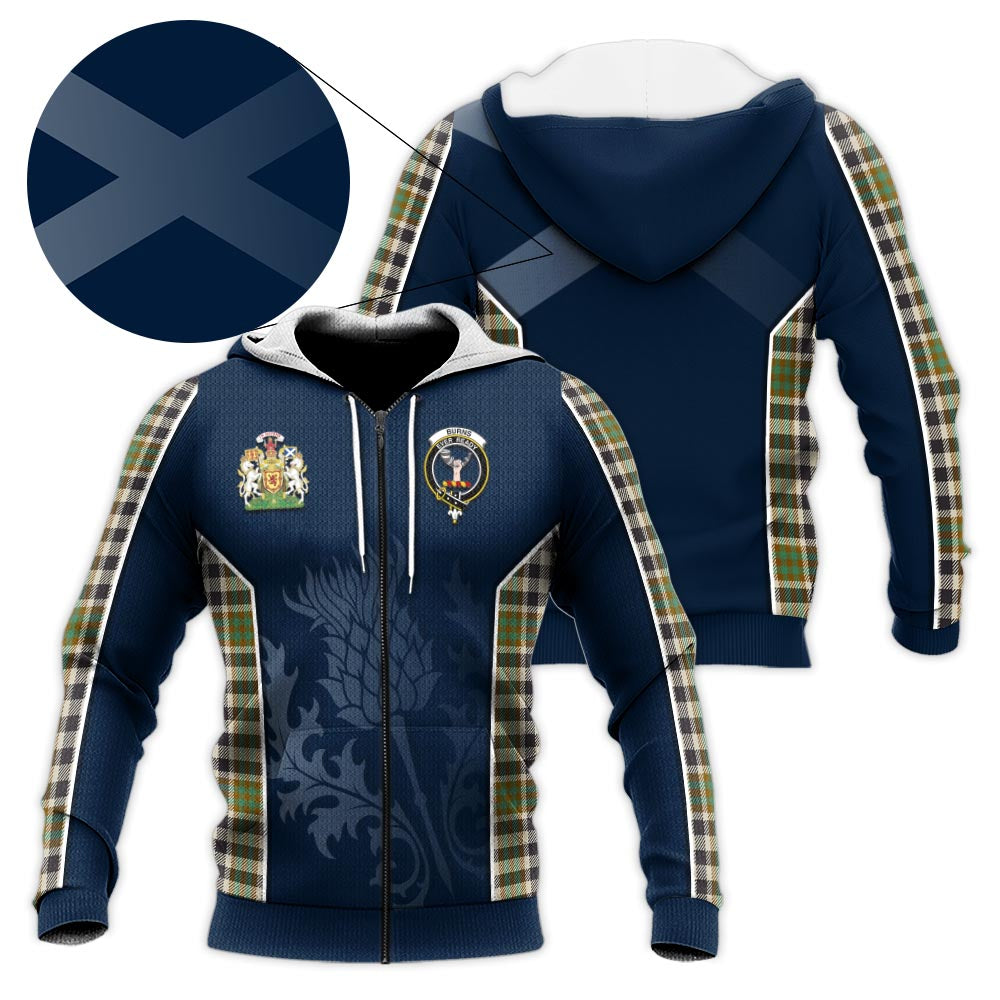 Tartan Vibes Clothing Burns Check Tartan Knitted Hoodie with Family Crest and Scottish Thistle Vibes Sport Style