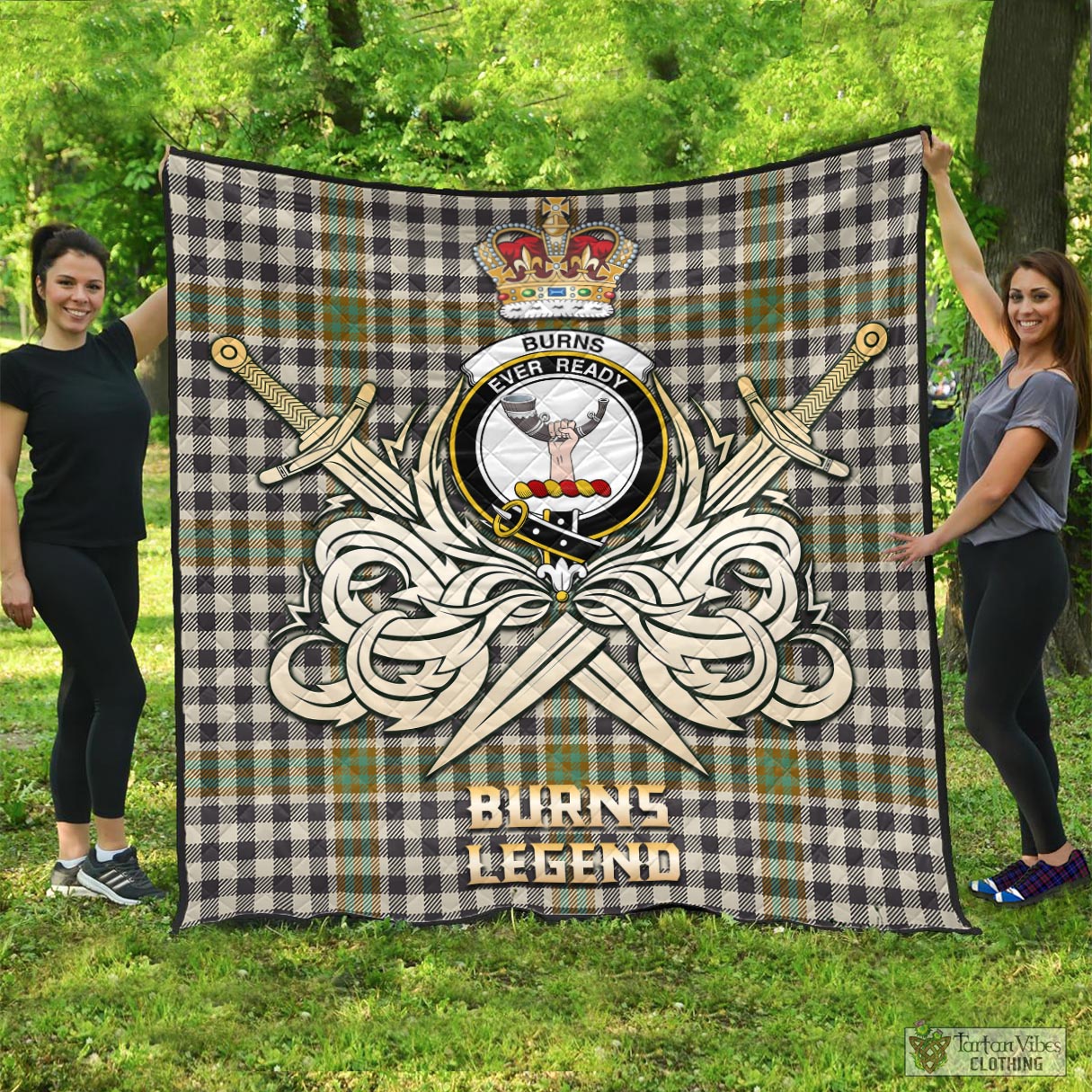 Tartan Vibes Clothing Burns Check Tartan Quilt with Clan Crest and the Golden Sword of Courageous Legacy