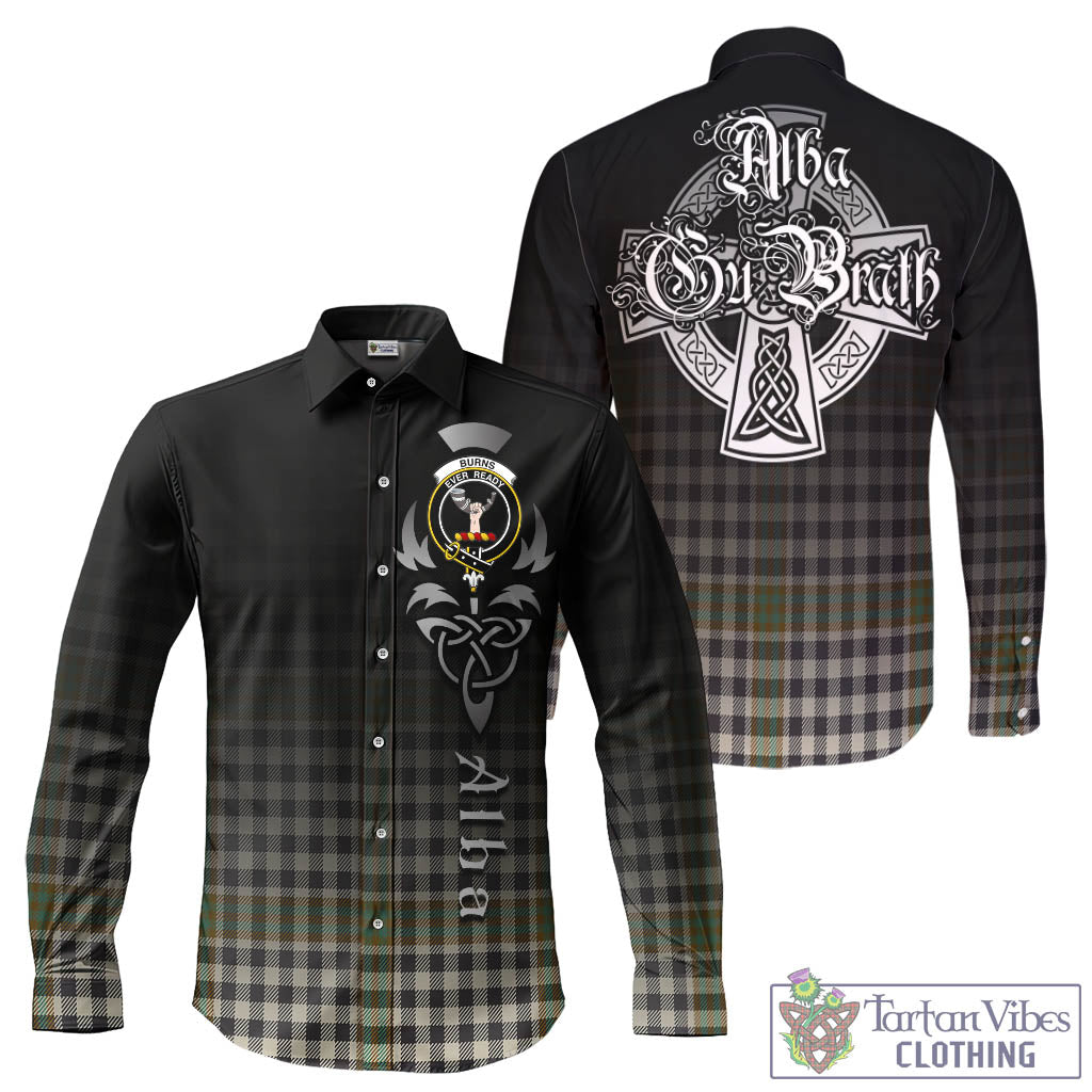 Tartan Vibes Clothing Burns Check Tartan Long Sleeve Button Up Featuring Alba Gu Brath Family Crest Celtic Inspired