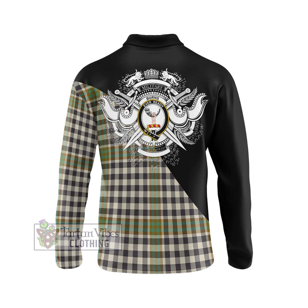 Burns Check Tartan Long Sleeve Polo Shirt with Family Crest and Military Logo Style - Tartanvibesclothing Shop