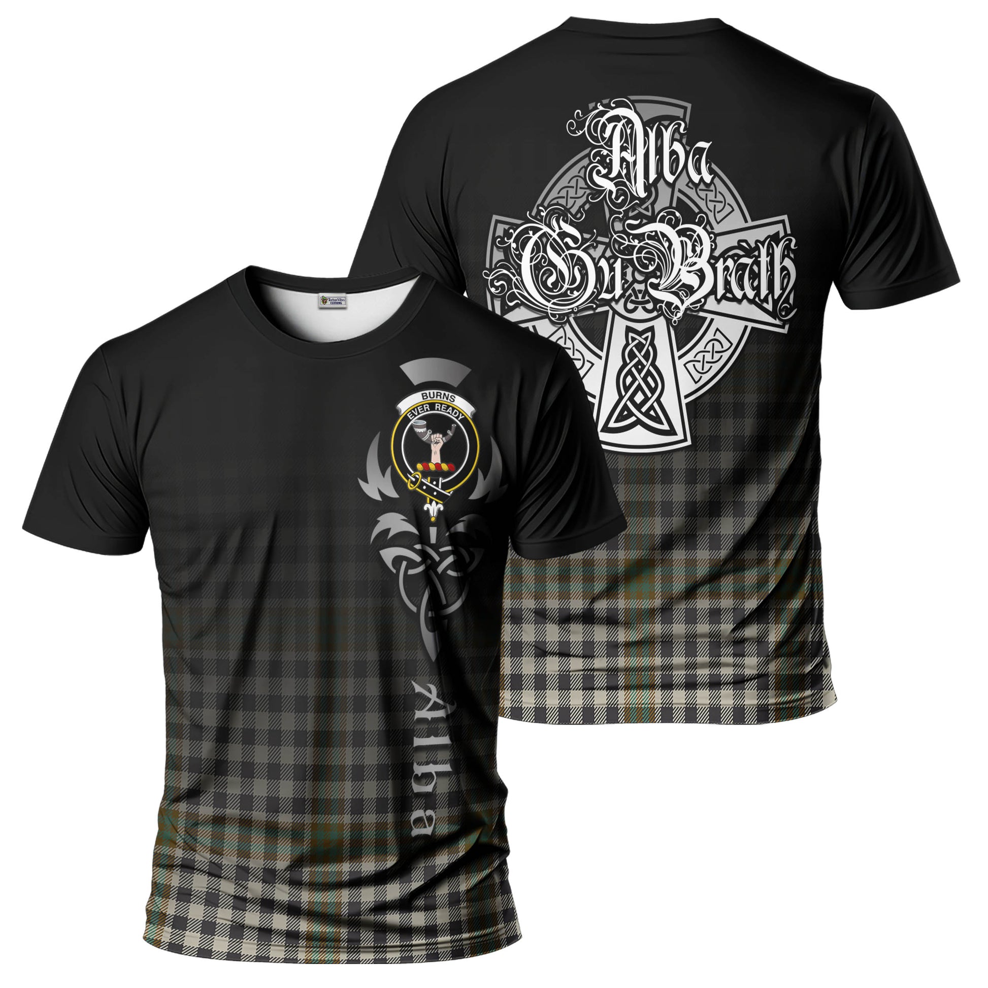 Tartan Vibes Clothing Burns Check Tartan T-Shirt Featuring Alba Gu Brath Family Crest Celtic Inspired