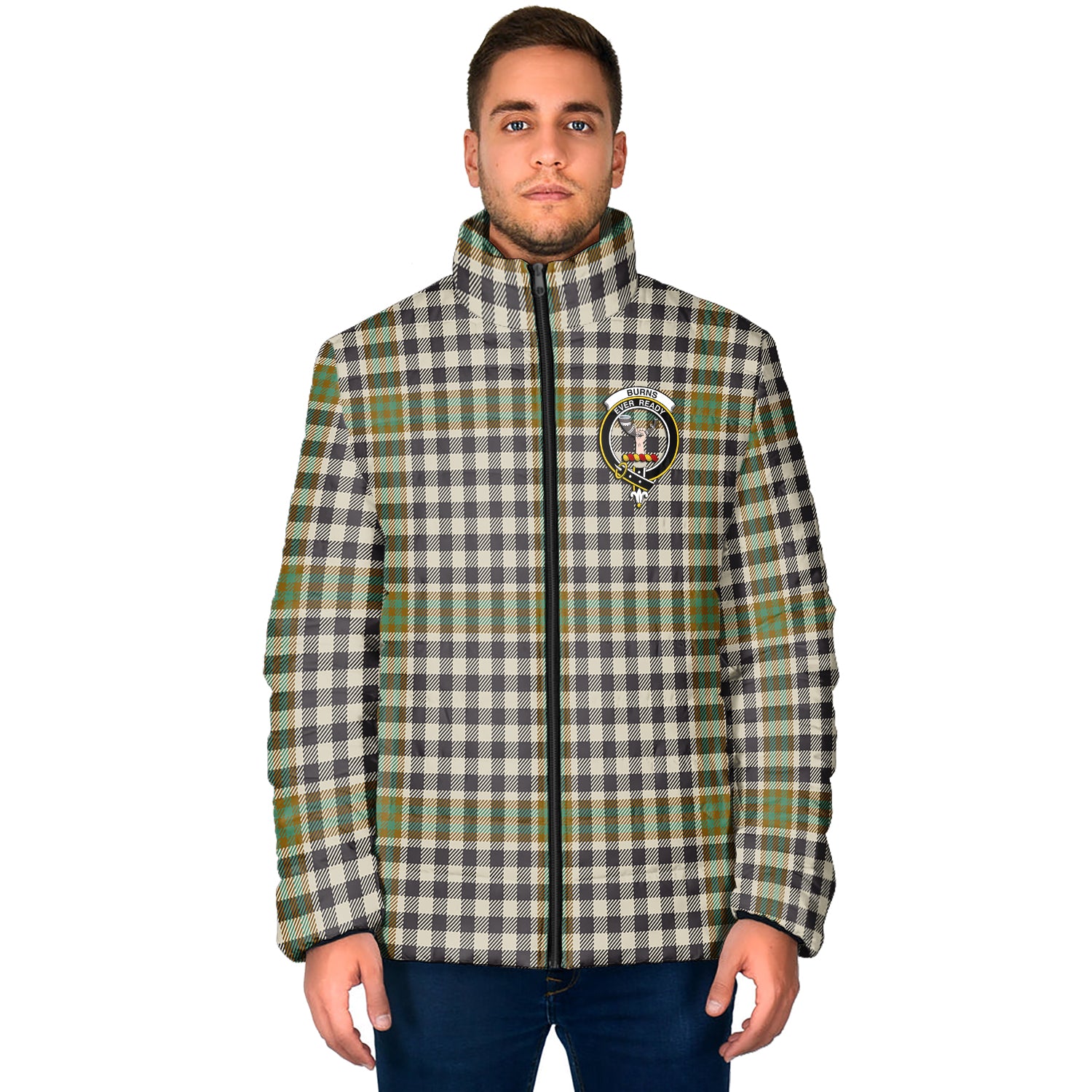 Burns Check Tartan Padded Jacket with Family Crest - Tartan Vibes Clothing