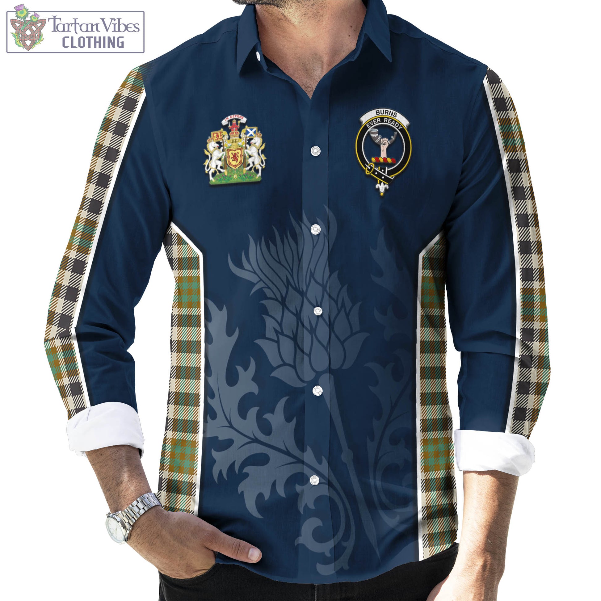 Tartan Vibes Clothing Burns Check Tartan Long Sleeve Button Up Shirt with Family Crest and Scottish Thistle Vibes Sport Style