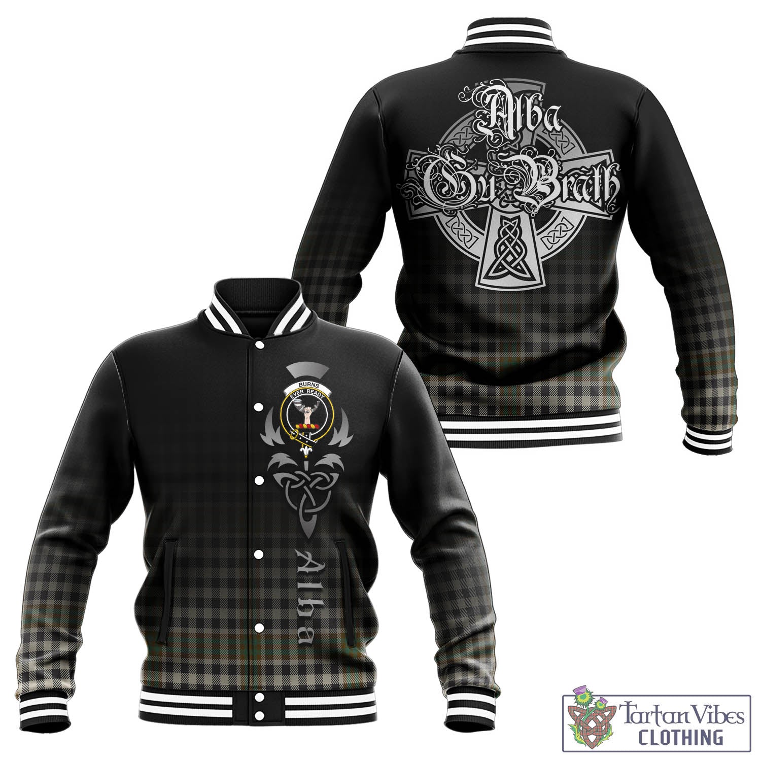 Tartan Vibes Clothing Burns Check Tartan Baseball Jacket Featuring Alba Gu Brath Family Crest Celtic Inspired