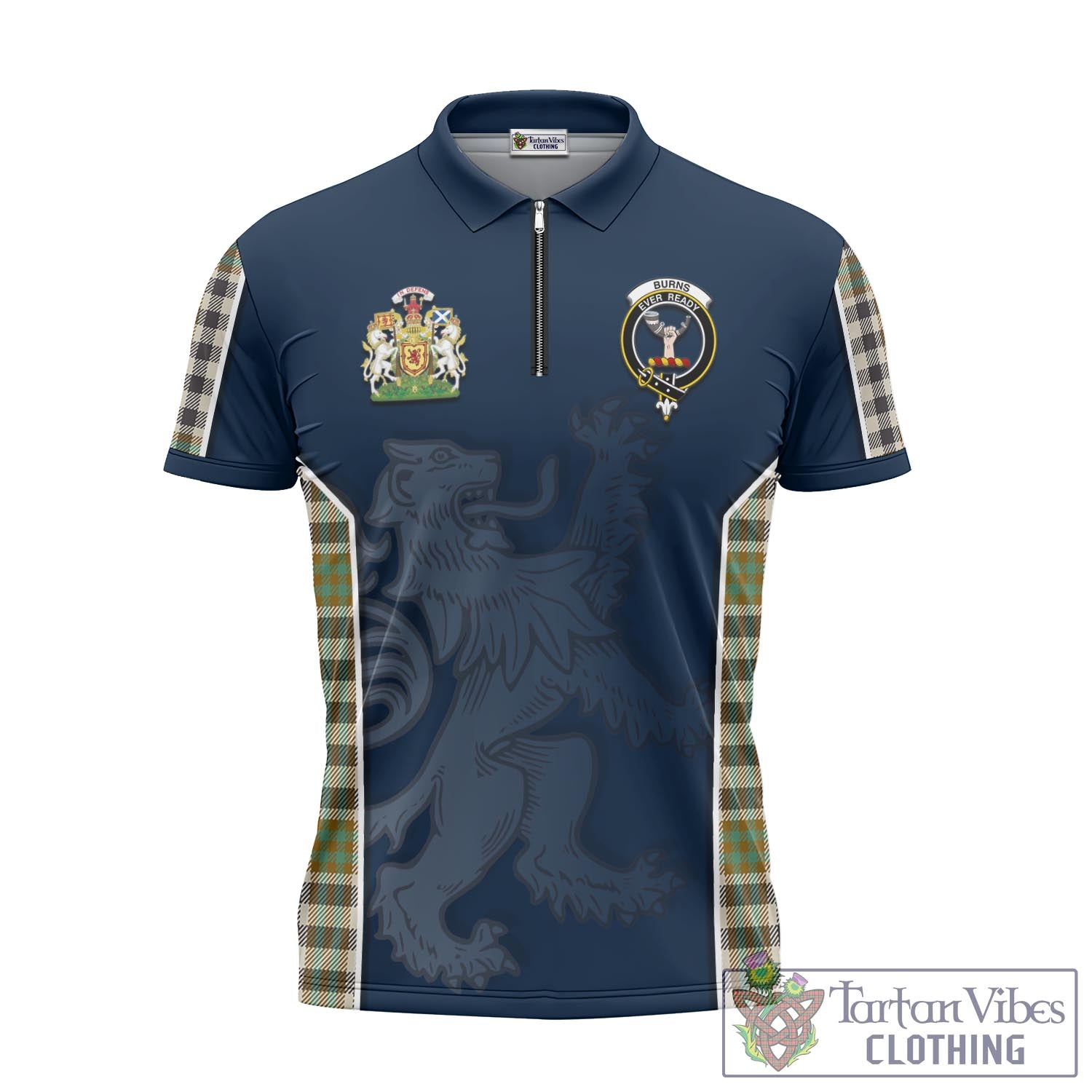 Tartan Vibes Clothing Burns Check Tartan Zipper Polo Shirt with Family Crest and Lion Rampant Vibes Sport Style