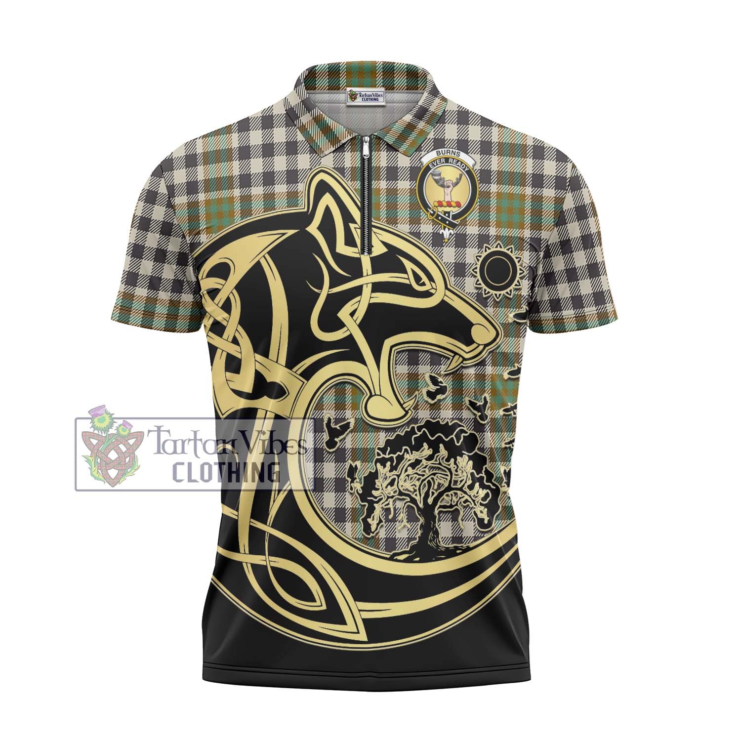 Tartan Vibes Clothing Burns Check Tartan Zipper Polo Shirt with Family Crest Celtic Wolf Style